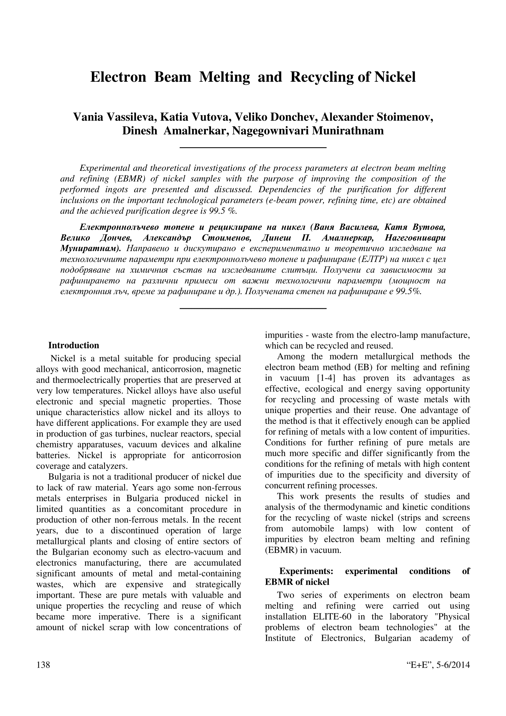 Electron Beam Melting and Recycling of Nickel - E+E Scientific Journal
