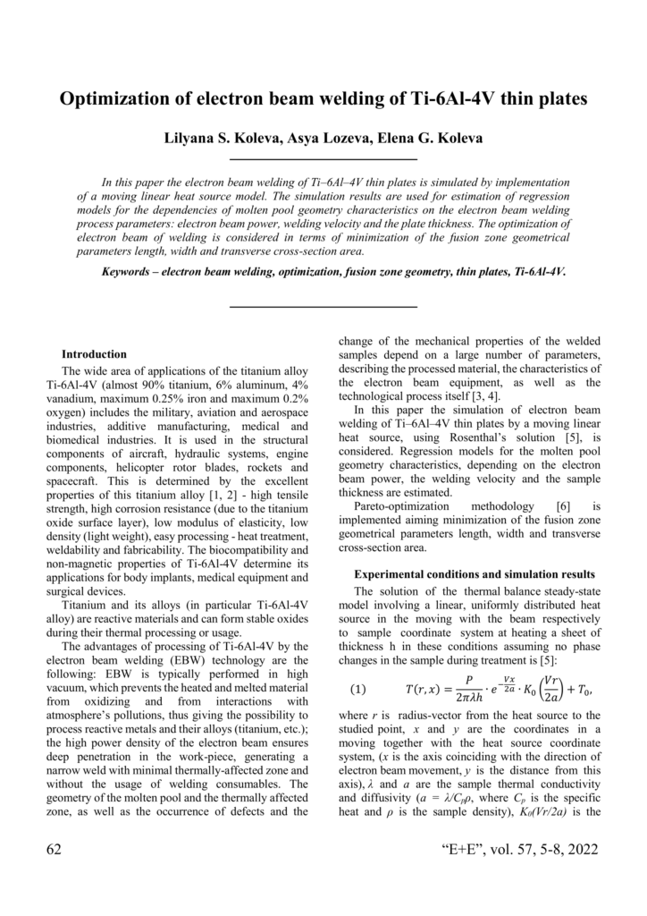 Optimization of electron beam welding of Ti-6Al-4V thin plates - E+E ...